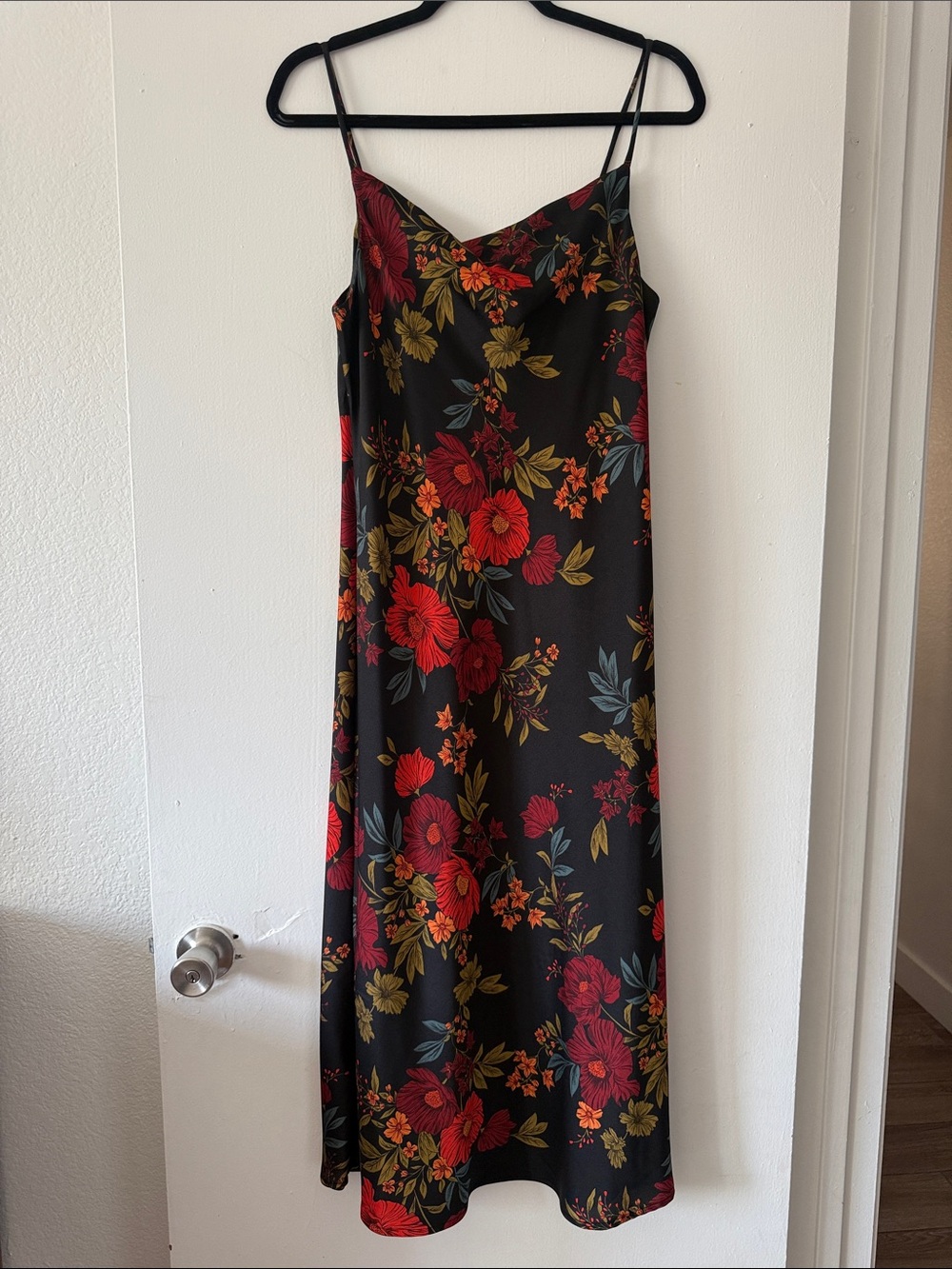 Floral Slip Midi Dress - Black with Red & Olive Floral